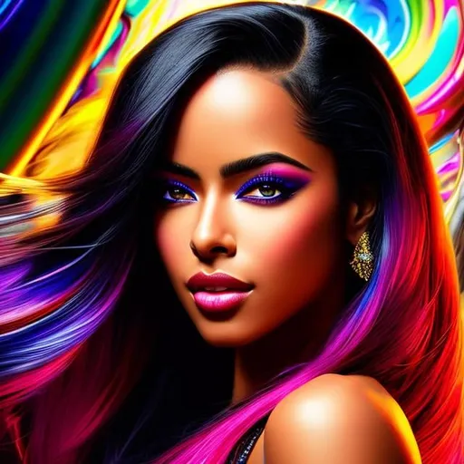 Prompt: "super ultra mega hyperdetailed ultra hyperrealistic meticulously detailed portrait of  Aaliyah as a delirium of the endless infinite,  brightly colored liquid smoke vivid vivrant colourful articulate make up, the sandman, made by caravaggio stanley artgerm lau wlop rossdraws artstation cgsociety concept art cgsociety octane render"