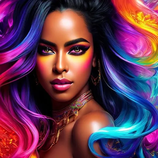 Prompt: "super ultra mega hyperdetailed ultra hyperrealistic meticulously detailed portrait of  Aaliyah as a delirium of the endless infinite,  brightly colored liquid smoke vivid vivrant colourful articulate make up, the sandman, made by caravaggio stanley artgerm lau wlop rossdraws artstation cgsociety concept art cgsociety octane render"