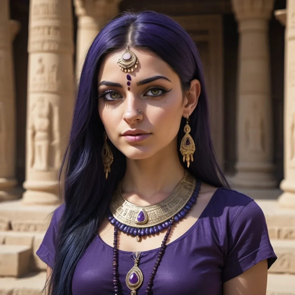 Prompt: White Female girl with a bindi on a temple, long dark blue hair, dark violet short egyptian dress, detailed clothing, realistic, natural lighting
