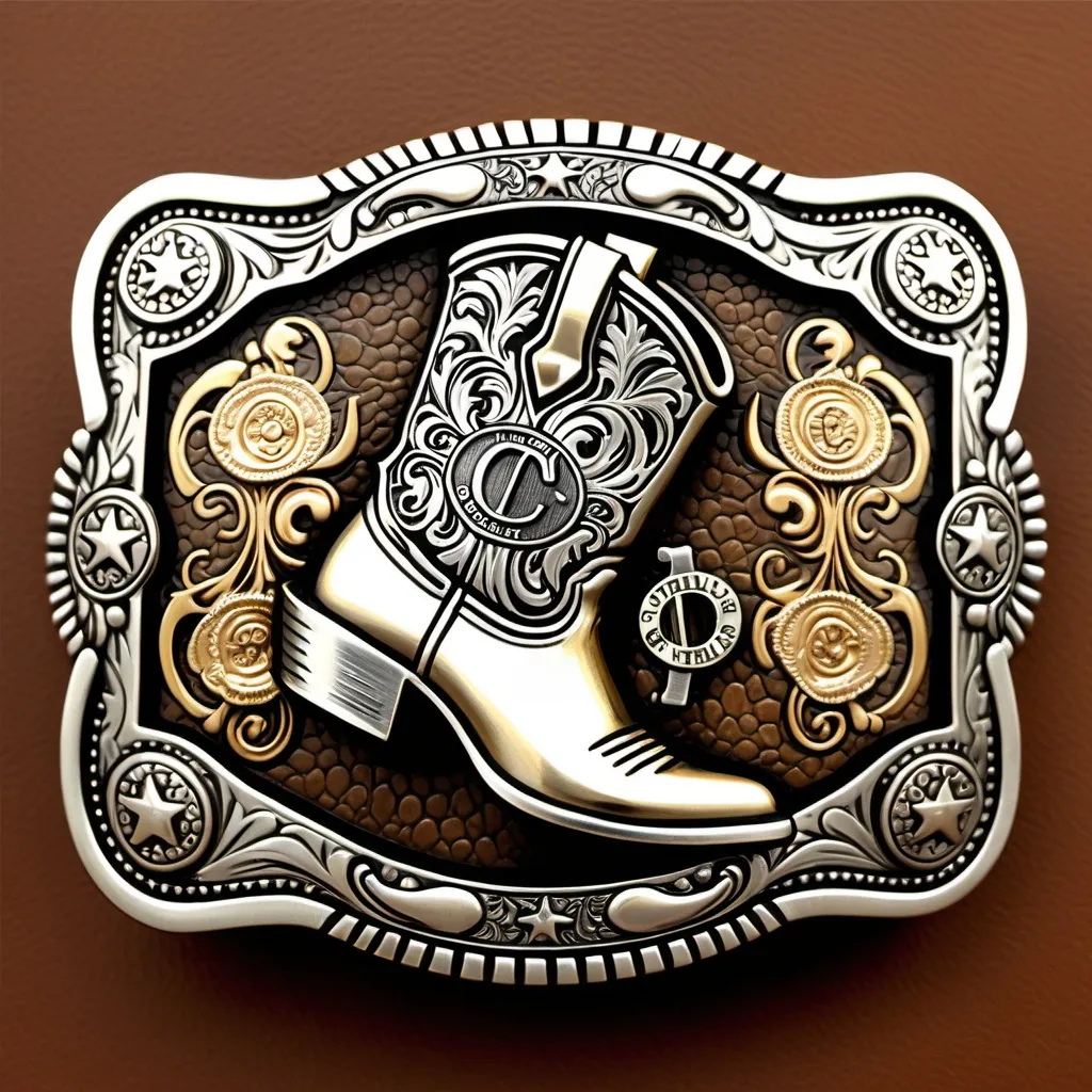 Prompt: (accurately spelled text "CAPITAL COWBOY"), intricate belt buckle design, featuring a (bold) cowboy boot, a (sleek) revolver, and a (shiny) dollar sign, metallic finish, western style, warm tones, detailed craftsmanship, set against a rugged leather background, high-quality design, elegant and striking, emphasizes cowboy culture and themes of wealth.