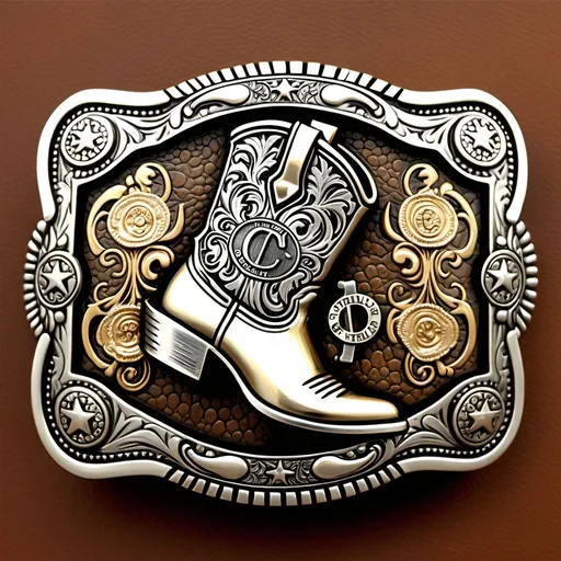 Prompt: (accurately spelled text "CAPITAL COWBOY"), intricate belt buckle design, featuring a (bold) cowboy boot, a (sleek) revolver, and a (shiny) dollar sign, metallic finish, western style, warm tones, detailed craftsmanship, set against a rugged leather background, high-quality design, elegant and striking, emphasizes cowboy culture and themes of wealth.