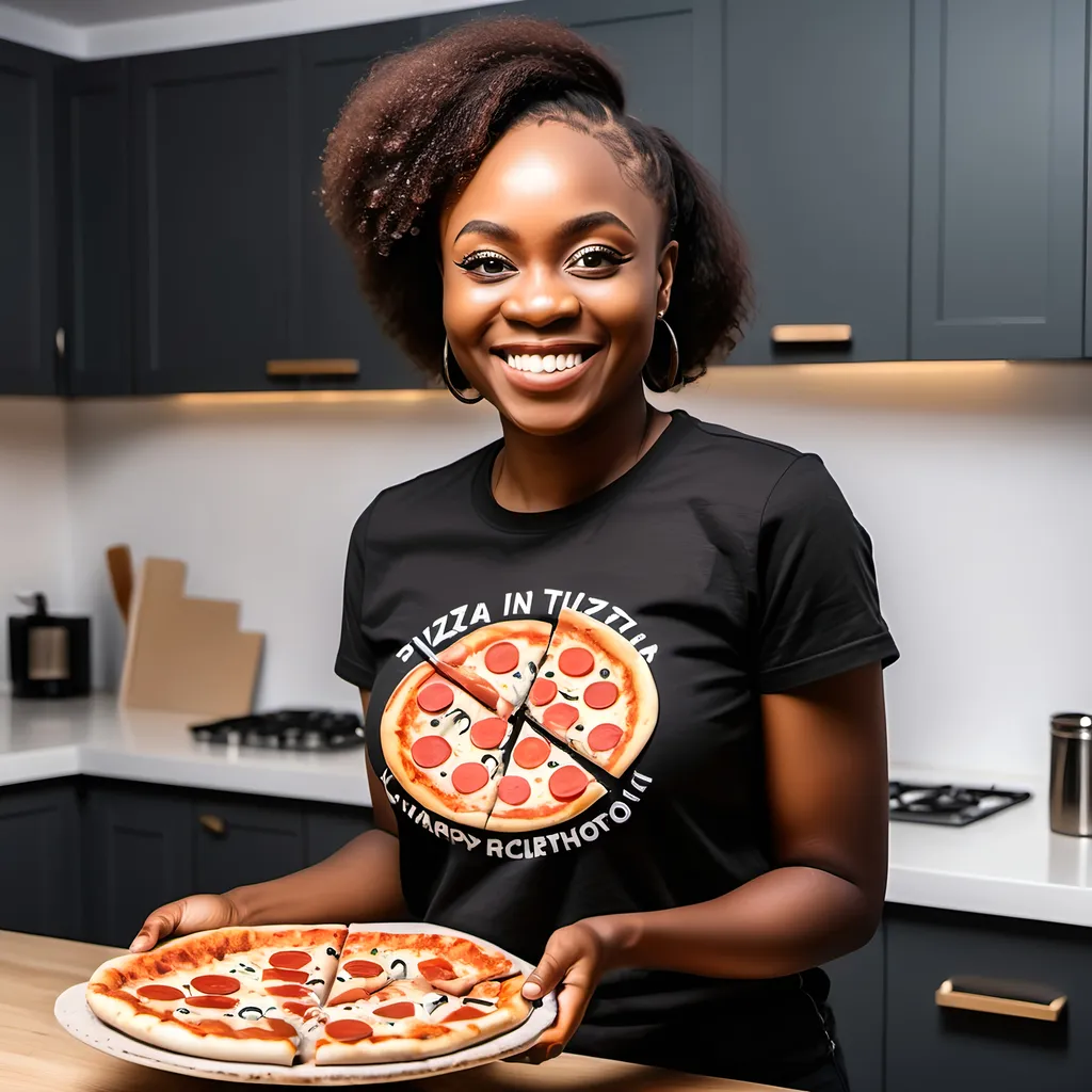 Prompt: a woman smiling while holding a pizza in her hand and a pizza in her other hand with a pizza cutter in her hand, Chinwe Chukwuogo-Roy, lyco art, fine - face, a picture

Entirely change the black T-shirt on this lady to a simple beautiful Yoruba attire for a birthday picture