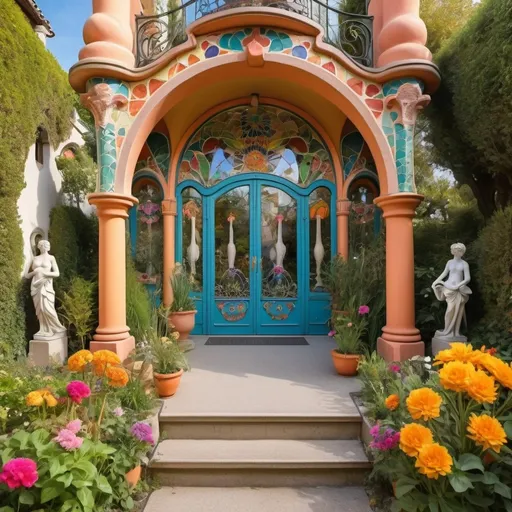 Prompt: Vibrant Colourful, almost kitsch art nouveau style Mediterranean garden with ornamentation, flowers and statues influenced by antoni Gaudi, Viennese Jugendstil and touches of ancient Roman art