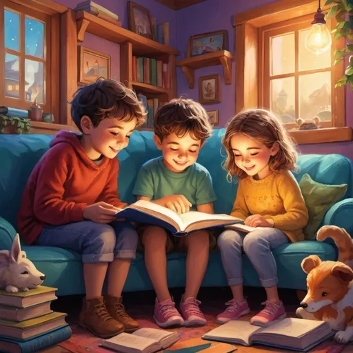 Prompt: children reading, colorful illustration, vibrant and lively atmosphere, high quality, detailed, whimsical, magical, warm lighting, joyful expressions, diverse group, cozy setting, storytelling, fantasy elements, imaginative, heartwarming, heartwarming, fantasy, vibrant colors, cozy atmosphere, diverse characters, magical lighting