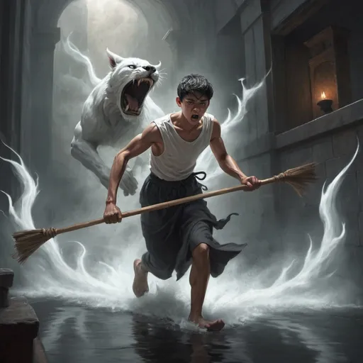 Prompt: The young man rows desperately to escape the clutches of the vengeful spirits.