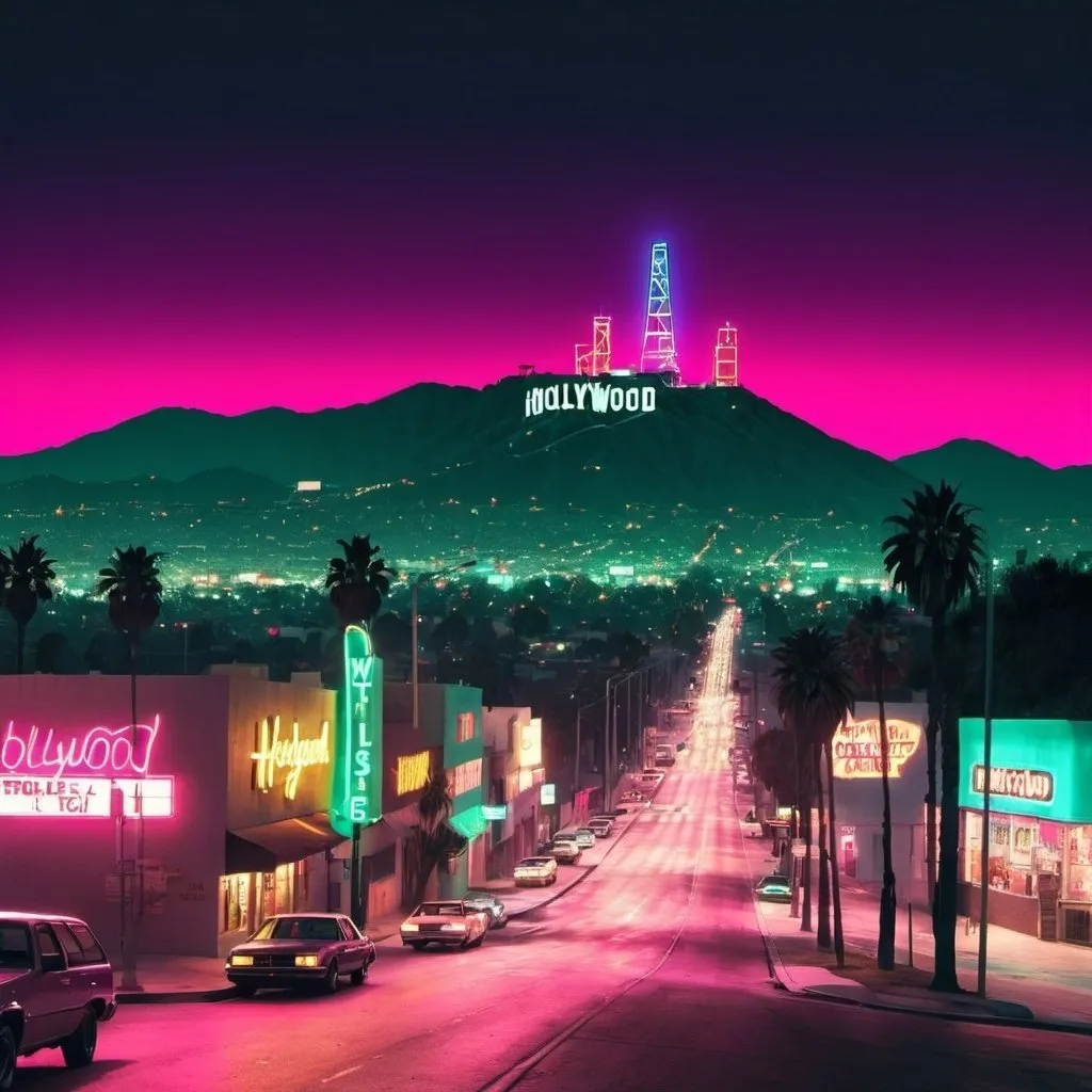 Prompt: 1990s neon themed Los Angeles with the hollywood sign in the background