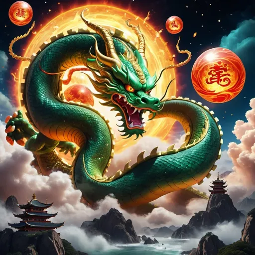 Prompt: (SF) Shen Long towering over the Dragon Balls, mystical atmosphere, vibrant colors, dramatic lighting, (celestial background) filled with swirling clouds and twinkling stars, majestic dragon twisting through the sky, epic scale, (ultra-detailed) and HD, magical energy radiating around the Dragon Balls, sense of wonder and power.