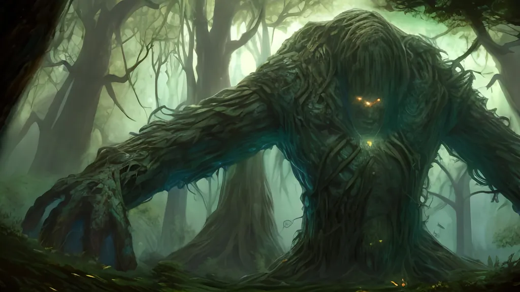 Prompt: Magic the Gathering Art Style, Giant Tree Golem in Forest over a Human