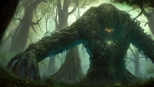 Prompt: Magic the Gathering Art Style, Giant Tree Golem in Forest over a Human