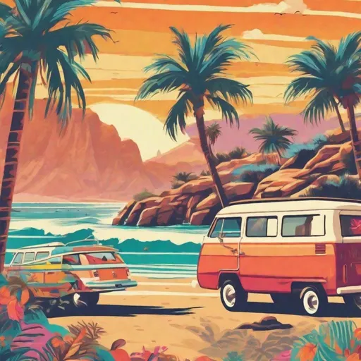 Prompt: West coast vibes illustration of a vibrant beach scene, warm and sunny atmosphere, palm trees swaying in the breeze, surfers catching waves, colorful beach umbrellas dotting the shoreline, retro beach van with a sunset mural, coastal cliffs in the background, high quality, vibrant colors, beachy, retro, sunny, colorful, coastal cliffs, surfing, palm trees, beach umbrellas, vintage van, beach scene, warm atmosphere
