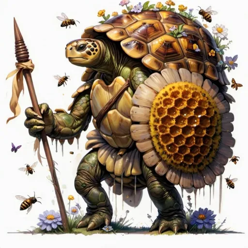 Prompt: Tortle controlling bees with a staff and a been hive shield with also a bee hive nest pattern on its back. He is standing in an open field with lots of flowers that are being pollinated by bees and butterfly