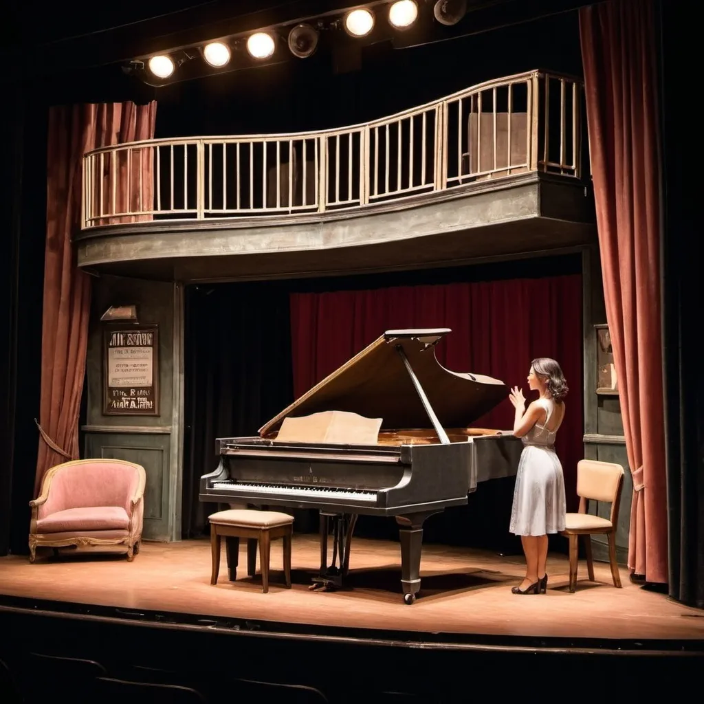 Prompt: generate a live pianist playing for my show on a theatre stage for my play a street car name desire. It’s a movie stage and she has to be in the corner