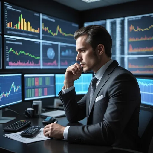 Prompt: Create a detailed image of a professional man in a sharp, modern suit standing in a sleek office environment, intensely focused on multiple large screens surrounding him. The screens prominently display fluctuating prices for Bitcoin, various stocks, and index funds, each with vibrant graphs, charts, and numerical data. The room has a dark, high-tech atmosphere with subtle lighting highlighting the man’s face as he analyzes the financial data. The setting should convey a sense of urgency and sophistication, capturing the fast-paced world of trading and investment.