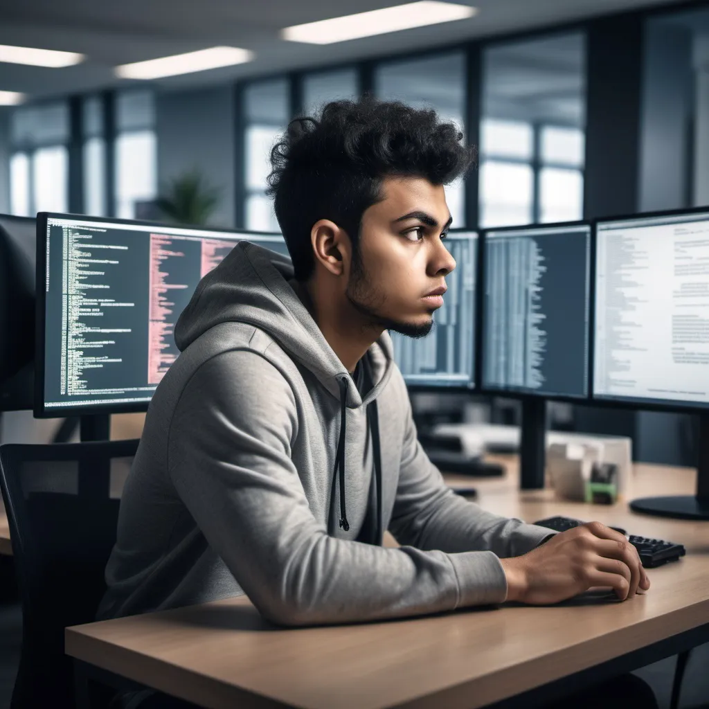 Prompt: A young software developer named Ali, sitting at a desk with multiple monitors in a modern office, looking worriedly at his screen displaying security warnings and code. The atmosphere is tense, with subtle hints of privacy issues in the background.