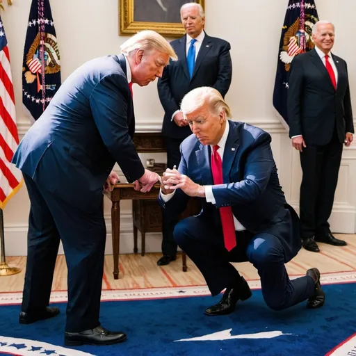 Prompt: Joe Biden kneeling down to Donald Trump, wearing a "Make America Great Again" hat