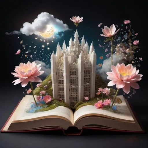 Prompt: Open book pages with fantastical elements spilling out: a castle in the clouds, a majestic creature soaring through the sky, a blooming flower with glowing petals. Add a small hidden ball of light in the creation. The castle should be more realistic like the brick castles in London.