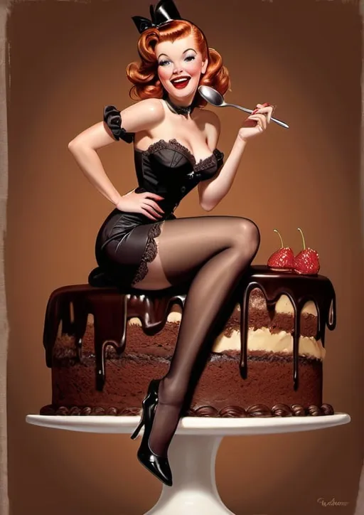 Prompt: A captivating pin-up style illustration showcases a red headed woman perched atop an enormous, mouthwatering piece of chocolate cake. Her playful and exaggerated expression is accentuated by her large, expressive eyes and a sultry smile. With a large spoon in hand, she's ready to indulge in the decadent treat. Clad in an ensemble, including a black corset adorned with delicate lace trim, matching black stockings, and high-heeled shoes, she exudes confidence and allure. The warm color palette, featuring various shades of brown, emphasizes the chocolate theme and creates a tempting atmosphere. The monochromatic background, with its blend of soft browns and tans, highlights the subject and adds an element of fantasy, reminiscent of classic pin-up art.