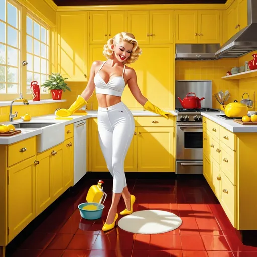 Prompt: A delightful retro-inspired illustration of a modern blonde woman with pin-up flair, playfully cleaning a cozy, sunlit kitchen. She is dressed in a low-waisted white yoga pant, a white gym top, and bright yellow rubber gloves, with bare feet and dangling earrings. On her hands and knees, she scrubs the floor with a red sponge, surrounded by soapy water and a yellow cleaning bucket. Her coy expression and innocent demeanor create a charming contrast to her domestic task. The rustic kitchen, adorned with wooden cabinets and a yellow teapot, further enhances the whimsical ambiance.