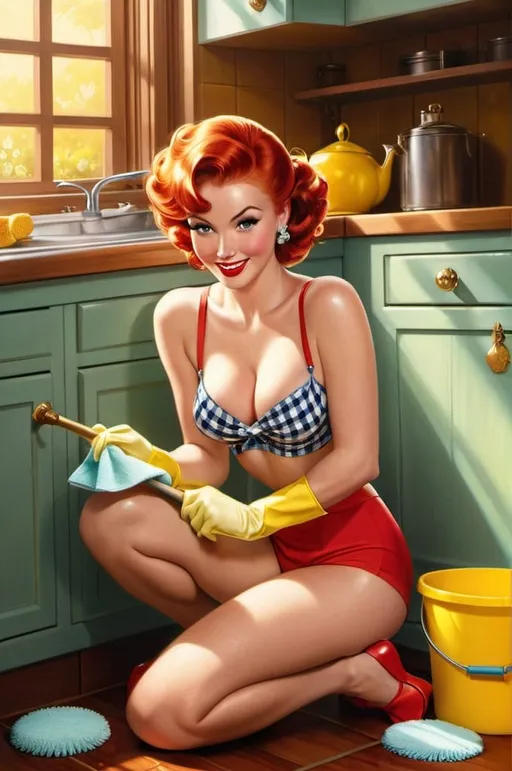 Prompt: A delightful retro-inspired illustration of a stunning modern red headed woman with pin-up flair, playfully cleaning a cozy, sunlit kitchen. She is dressed in her underwear, barefoot, and bright yellow rubber gloves and dangling earrings. Squating, she scrubs the floor with a red sponge, surrounded by soapy water and a yellow cleaning bucket. Her coy expression and innocent demeanor create a charming contrast to her domestic task. The rustic kitchen, adorned with wooden cabinets and a yellow teapot, further enhances the whimsical ambiance.