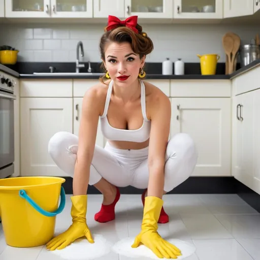 Prompt: Create an image of a modern woman with pin-up flair, engaged in house cleaning. She wears low-waisted white yoga pants, white gym top, and bright yellow rubber gloves, barefoot. Earrings complete the vintage look. She's wiping the floor on her hands and knees with a red sponge, surrounded by soapy water and a yellow cleaning bucket. Her expression is one of playful surprise. The background is a modern kitchen with wooden cabinets and a yellow teapot, highlighting the whimsical contrast between her attire and the task at hand.