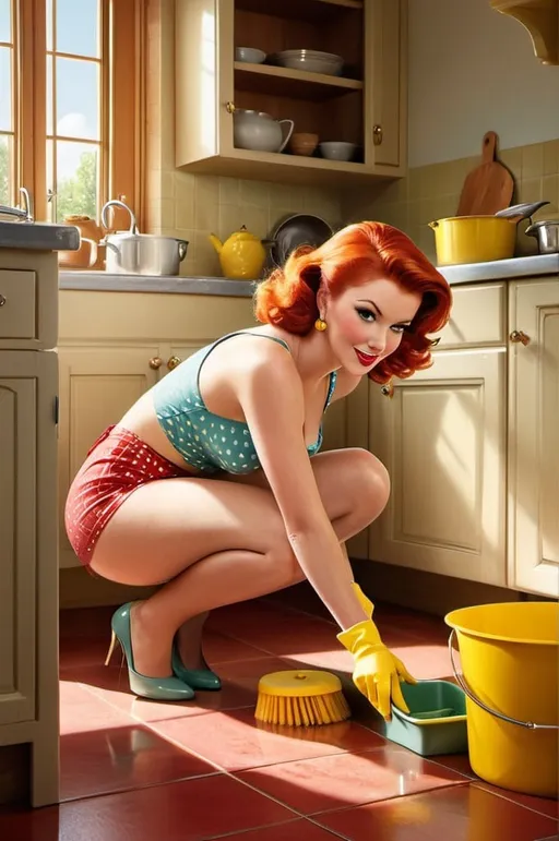 Prompt: A delightful retro-inspired illustration of a stunning modern red headed woman with pin-up flair, playfully cleaning a cozy, sunlit kitchen. She is dressed in her underwear, barefoot, and bright yellow rubber gloves and dangling earrings. Squating, she scrubs the floor with a red sponge, surrounded by soapy water and a yellow cleaning bucket. Her coy expression and innocent demeanor create a charming contrast to her domestic task. The rustic kitchen, adorned with wooden cabinets and a yellow teapot, further enhances the whimsical ambiance.