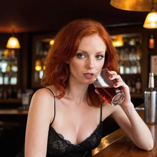 Prompt: sultry red headed woman having a drink in a bar