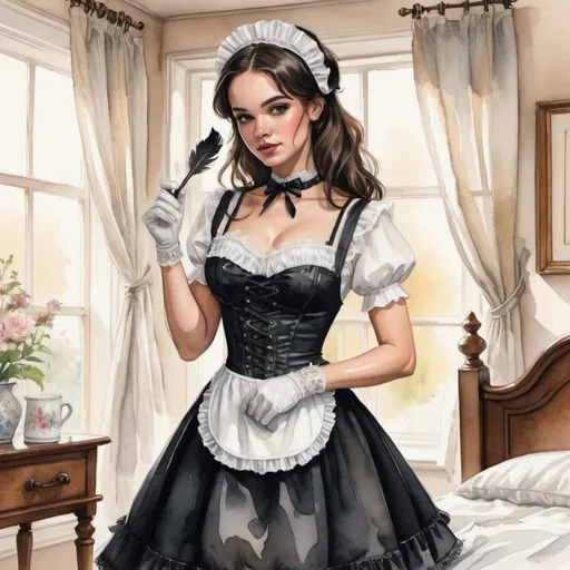 Prompt: A captivating watercolor illustration of a stunning brunette dressed as a classic maid. The costume features a corset-style top adorned with lace detailing, a matching skirt with an apron, and a traditional headpiece. She accessorizes with a lace choker and wrist cuffs, adding to the authentic maid aesthetic. The maid holds a small feather duster and poses gracefully in a cozy bedroom setting. The natural light streams in, creating a warm and inviting atmosphere with soft, ethereal shadows.