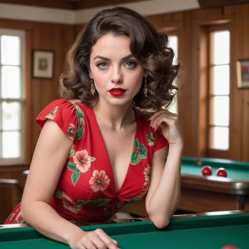 Prompt: a stunning brunette woman, poised and ready to take a shot at a green pool table. She is dressed in a vibrant red, short-sleeved dress with a waist tie, creating a striking contrast against the green felt. Her glamorous, Hollywood-inspired curls cascade down her shoulders. Her bold, coy expression is accompanied by wide eyes and red lipstick that matches her dress. The background features an off-white wall and a wooden door, with a rustic dartboard on the left, creating a charming and inviting recreational atmosphere