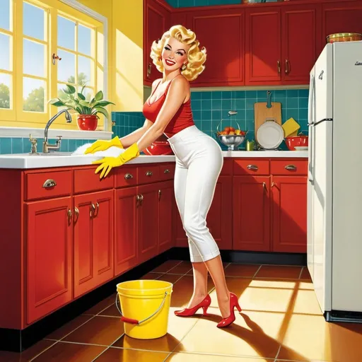 Prompt: A delightful retro-inspired illustration of a modern blonde woman with pin-up flair, playfully cleaning a cozy, sunlit kitchen. She is dressed in a low-waisted white yoga pant, a white gym top, and bright yellow rubber gloves, with bare feet and dangling earrings. On all fours, she scrubs the floor with a red sponge, surrounded by soapy water and a yellow cleaning bucket. Her coy expression and innocent demeanor create a charming contrast to her domestic task. The rustic kitchen, adorned with wooden cabinets and a yellow teapot, further enhances the whimsical ambiance.