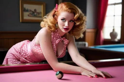 Prompt: a red headed woman is portrayed in a theatrical pose atop a vibrant pink pool table. She is elegantly dressed in a polka-dotted dress with a halter neckline, cinched at the waist with a pink belt that complements the felt of the table. Her legs are coyly raised, displaying her pink high heels which add a pop of color in sync with the table. A pink floral accessory adorns her blonde curls, styled in a classic, glamorous fashion reminiscent of a bygone era. She is playfully holding a billiard ball, with a pool cue resting beside her. Scattered billiard balls add to the playful disarray of the scene. Behind her, an expansive bookshelf brimming with books is set against the backdrop of a room with muted gray walls, striking a contrast that merges studiousness with whimsy. She exhibits a look of delightful surprise, her eyes wide and her lips a matching shade of pink, infusing the image with a sense of vintage-inspired charm and vivacity.