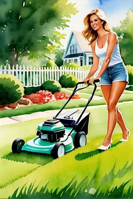 Prompt: This is a playful watercolor and airbrush style of a stunning woman mowing the lawn.