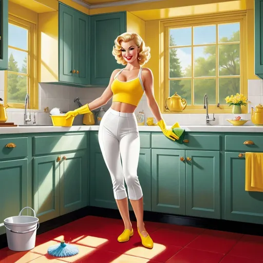 Prompt: A delightful retro-inspired illustration of a modern blonde woman with pin-up flair, playfully cleaning a cozy, sunlit kitchen. She is dressed in a low-waisted white yoga pant, a white gym top, and bright yellow rubber gloves, with bare feet and dangling earrings. On all fours, she scrubs the floor with a red sponge, surrounded by soapy water and a yellow cleaning bucket. Her coy expression and innocent demeanor create a charming contrast to her domestic task. The rustic kitchen, adorned with wooden cabinets and a yellow teapot, further enhances the whimsical ambiance.