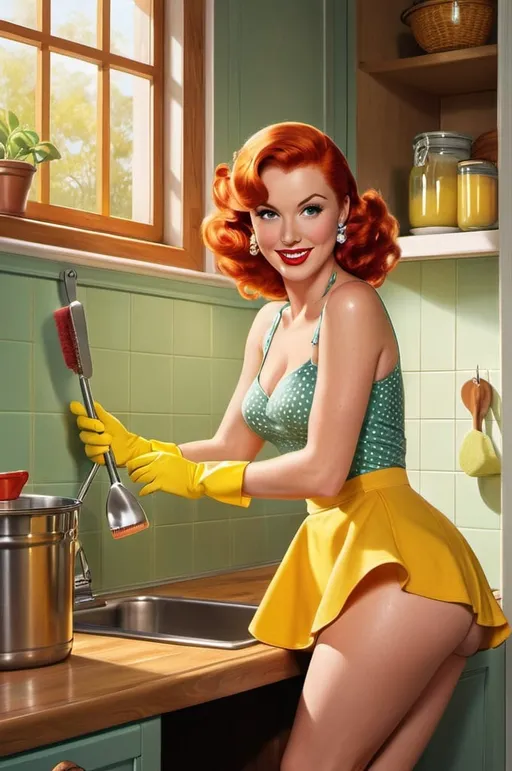 Prompt: A delightful retro-inspired illustration of a stunning modern red headed woman with pin-up flair, playfully cleaning a cozy, sunlit kitchen. She is dressed in her underwear, barefoot, and bright yellow rubber gloves and dangling earrings. Squating, she scrubs the floor with a red sponge, surrounded by soapy water and a yellow cleaning bucket. Her coy expression and innocent demeanor create a charming contrast to her domestic task. The rustic kitchen, adorned with wooden cabinets and a yellow teapot, further enhances the whimsical ambiance.