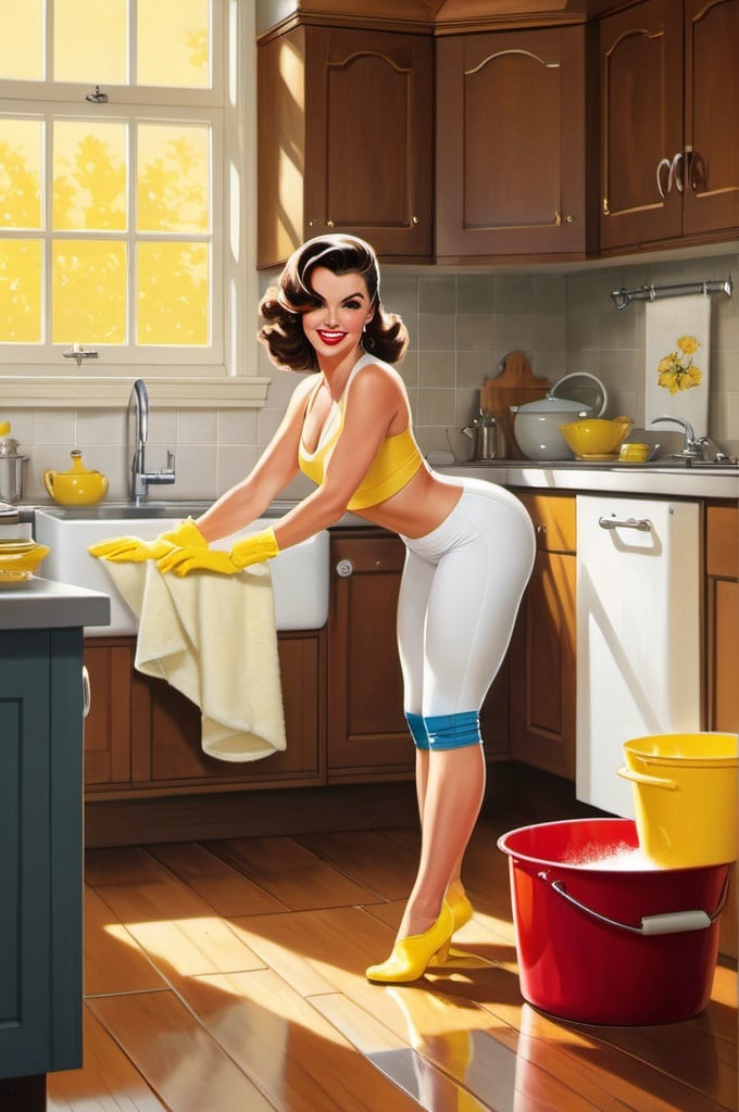 Prompt: A delightful retro-inspired illustration of a modern brunette woman with pin-up flair, playfully cleaning a cozy, sunlit kitchen. She is dressed in a low-waisted white yoga pant, a white gym top, and bright yellow rubber gloves, with bare feet and dangling earrings. Squating, she scrubs the floor with a red sponge, surrounded by soapy water and a yellow cleaning bucket. Her coy expression and innocent demeanor create a charming contrast to her domestic task. The rustic kitchen, adorned with wooden cabinets and a yellow teapot, further enhances the whimsical ambiance.