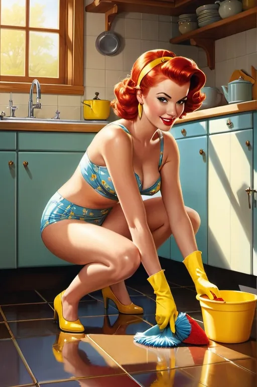 Prompt: A delightful retro-inspired illustration of a stunning modern red headed woman with pin-up flair, playfully cleaning a cozy, sunlit kitchen. She is dressed in her underwear, and bright yellow rubber gloves, with bare feet and dangling earrings. Squating, she scrubs the floor with a red sponge, surrounded by soapy water and a yellow cleaning bucket. Her coy expression and innocent demeanor create a charming contrast to her domestic task. The rustic kitchen, adorned with wooden cabinets and a yellow teapot, further enhances the whimsical ambiance.