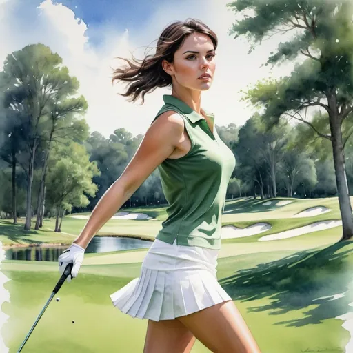 Prompt: A stunning watercolor and airbrush illustration of a confident and athletic brunette golfer in action on a picturesque golf course. She wears a short pleated skirt and a low-cut white tank top, exuding an aura of elegance and grace. The camera angle captures her from behind, as she lines up her shot with a focused gaze. The lush green grass, dotted with trees, blends seamlessly into a clear blue sky, creating a dynamic and energetic atmosphere that celebrates the beauty of the sport.