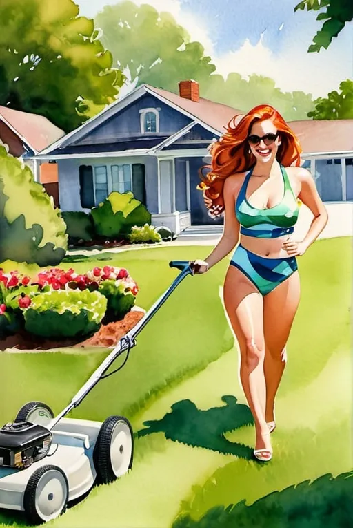 Prompt: This is a playful watercolor and airbrush style of a stunning red headed woman mowing the lawn wearing a two piece bathing suit. Looking over her shoulder at camera.