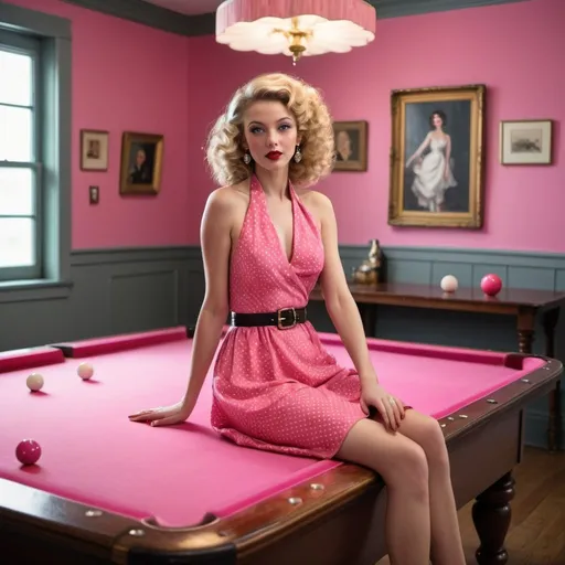 Prompt: a woman is portrayed in a theatrical pose atop a vibrant pink pool table. She is elegantly dressed in a polka-dotted dress with a halter neckline, cinched at the waist with a pink belt that complements the felt of the table. Her legs are coyly raised, displaying her pink high heels which add a pop of color in sync with the table. A pink floral accessory adorns her blonde curls, styled in a classic, glamorous fashion reminiscent of a bygone era. She is playfully holding a billiard ball, with a pool cue resting beside her. Scattered billiard balls add to the playful disarray of the scene. Behind her, an expansive bookshelf brimming with books is set against the backdrop of a room with muted gray walls, striking a contrast that merges studiousness with whimsy. She exhibits a look of delightful surprise, her eyes wide and her lips a matching shade of pink, infusing the image with a sense of vintage-inspired charm and vivacity.