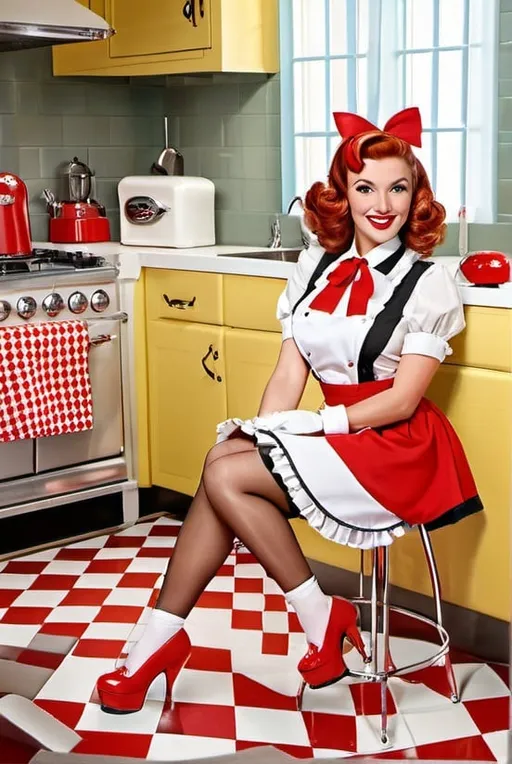 Prompt: a 1950s-inspired brunette maid, portrayed as a pin-up girl. She wears a vintage uniform with a skirt, white apron, and high heels. Her red hair is styled in curls, and she sports bright red lipstick. The background features a retro kitchen with vintage appliances and a checkered floor. The overall atmosphere is nostalgic and glamorous, with a hint of surprise and playfulness on the maid's face.