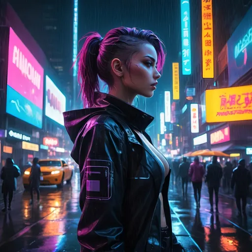 Prompt: Anime cyberpunk scene, (dynamic female superhero) amidst vibrant nightlife in New York City, busy streets filled with (glowing neon lights), atmospheric rain creating reflections, dramatic shadows, and a captivating ambiance. The setting evokes an action-packed mood, high-quality, ultra-detailed composition, highlighting elements of urban culture, sleek futuristic technology, and the pulse of the city alive with energy.