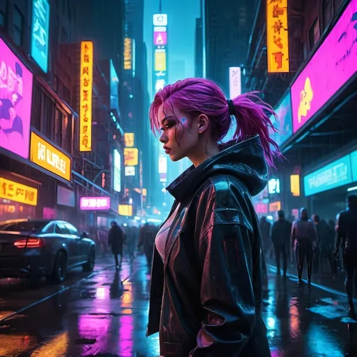 Prompt: Anime cyberpunk scene, (dynamic female superhero) amidst vibrant nightlife in New York City, busy streets filled with (glowing neon lights), atmospheric rain creating reflections, dramatic shadows, and a captivating ambiance. The setting evokes an action-packed mood, high-quality, ultra-detailed composition, highlighting elements of urban culture, sleek futuristic technology, and the pulse of the city alive with energy.