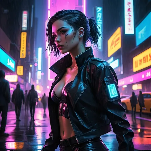 Prompt: Anime cyberpunk scene, (dynamic female superhero) amidst vibrant nightlife in New York City, busy streets filled with (glowing neon lights), atmospheric rain creating reflections, dramatic shadows, and a captivating ambiance. The setting evokes an action-packed mood, high-quality, ultra-detailed composition, highlighting elements of urban culture, sleek futuristic technology, and the pulse of the city alive with energy.