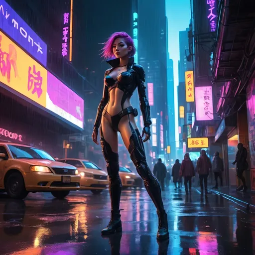 Prompt: Anime cyberpunk scene, (dynamic female superhero) amidst vibrant nightlife in New York City, busy streets filled with (glowing neon lights), atmospheric rain creating reflections, dramatic shadows, and a captivating ambiance. The setting evokes an action-packed mood, high-quality, ultra-detailed composition, highlighting elements of urban culture, sleek futuristic technology, and the pulse of the city alive with energy.