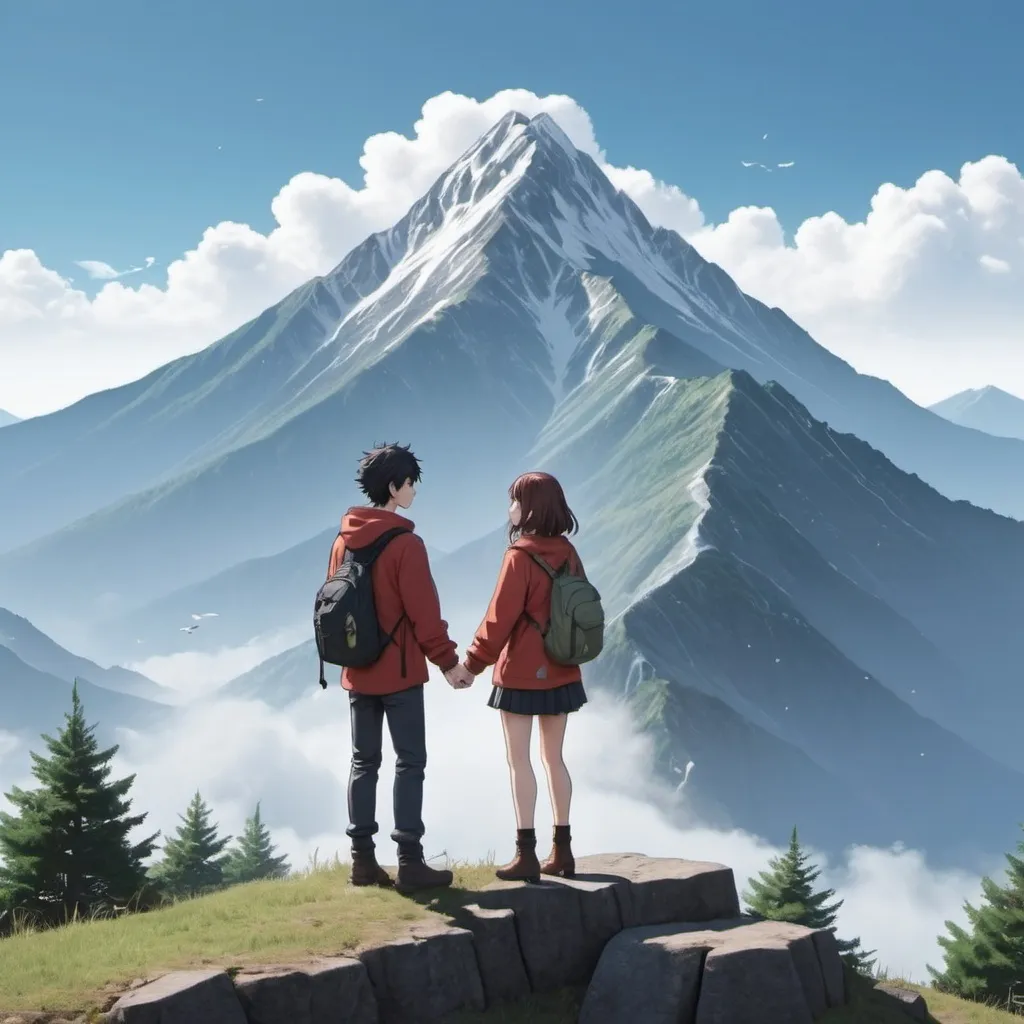 Prompt: Create an animation anime of a couple standing and facing each other on a top mountain