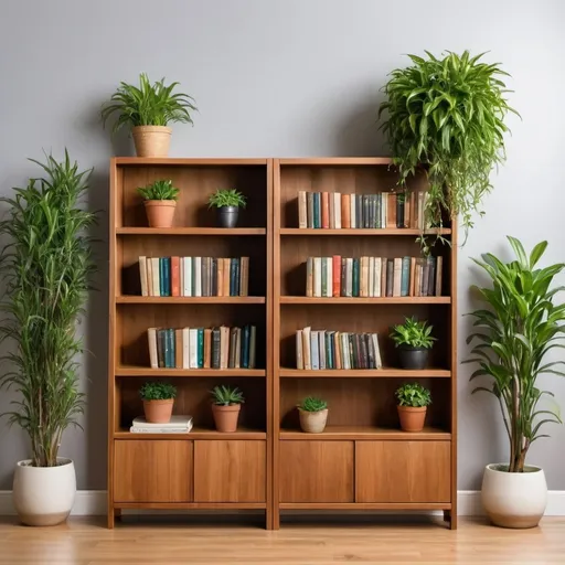 Prompt: a modern and clean wooden bookcase background with two dangling plants and seven books