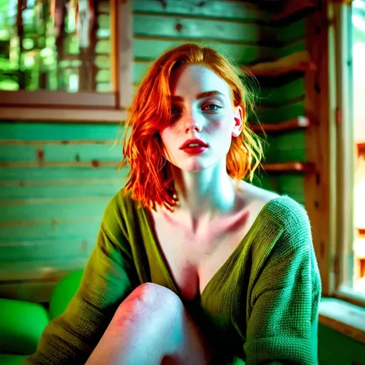 Prompt: Short pale romantic girl with clean green eyes, red hair, in a cozy cabin, summer atmosphere, wearing a green dress, dancing, detailed eyes, warm lighting, serene atmosphere, high quality, cozy, detailed hair, peaceful, comfortable, cabin interior, summer vibes, redhead, detailed dress, focus on eyes, professional, warm color tones