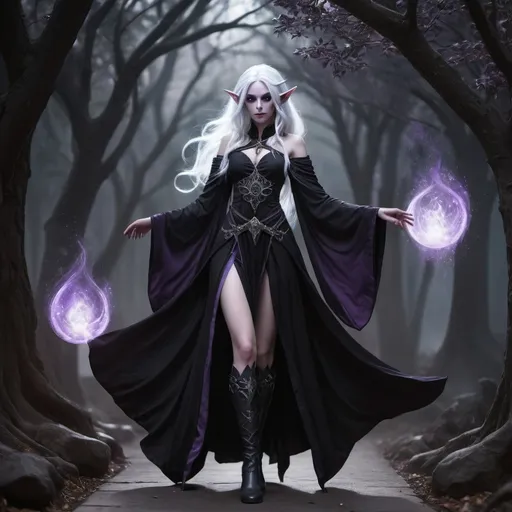 Prompt: Full body drow witch, white hair, purple eyes, elf ears, detailed black wardrobe, mystical aura, fantasy, detailed, fantasy, ethereal, magical lighting,flowing robe, enchanting, professional, atmospheric lighting, black boots