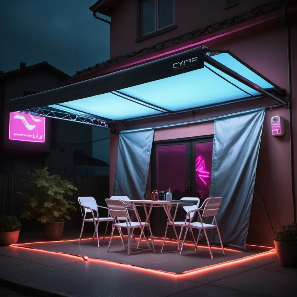 Prompt: cry a cyberpunk electronic cover awnings and tents leds house


