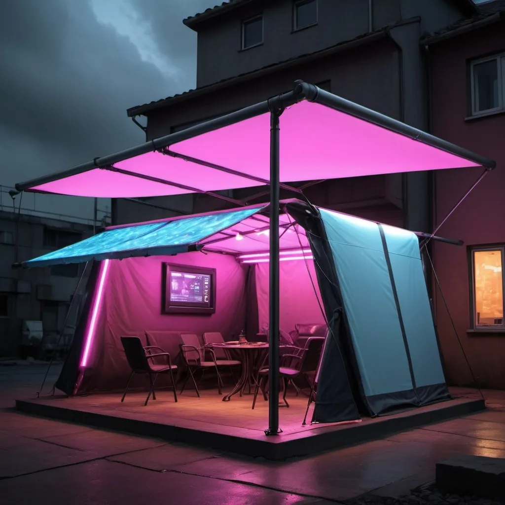 Prompt: cry a cyberpunk electronic cover awnings and tents leds house


