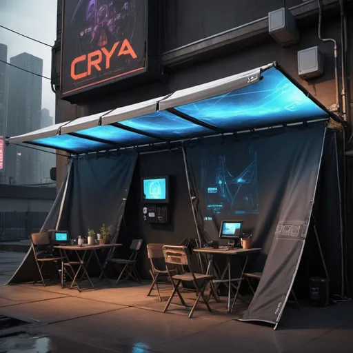 Prompt: cry a cyberpunk electronic cover awnings and tents
